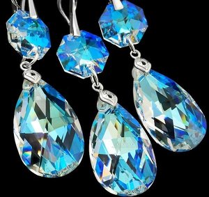 CRYSTALS CRYSTALS EARRINGS + PENDANT BLUE AURORA STERLING SILVER 925CERTIFICATE