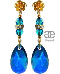 CRYSTALS ELEMENTS EARRINGS BLUE ZIRCON GOLD PLATED STERLING SILVER CERTIFICATE