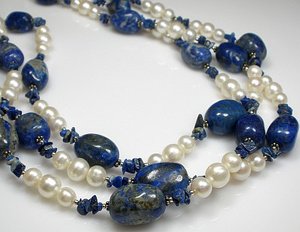 PERŁY BIAŁE LAPIS LAZULI PIĘKNY NASZYJNIK SREBRO