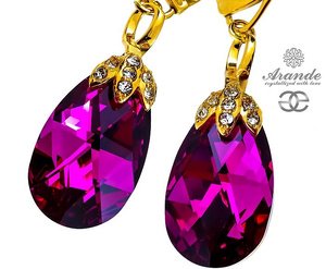 CRYSTALS UNIQUE EARRINGS FUCHSIA SPECIAL 24K GOLD PLATED SILVER