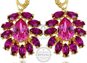 CRYSTALS UNIQUE EARRINGS FUCHSIA AZURE GOLD PLATED STERLING SLIVER