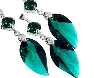 CRYSTALS UNIQUE EARRINGS PENDANT EMERALD LEAF STERLING SILVER 925