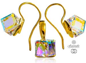 CRYSTALS EARRINGS PENDANT AURORA CUBE GOLD PLATED STERLING SILVER