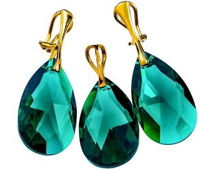 Kryształy Szmaragdowy Komplet Emerald Gold Złote Srebro Klipsy+Wisiorek