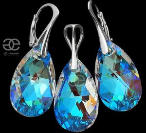 NOWE Kryształy piękny komplet BLUE AURORA SREBRO