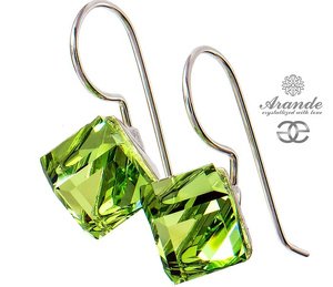 CRYSTALS EARRINGS *PERIDOT CUBE 8MM* STERLING SILVER 925