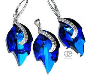 CRYSTALS UNIQUE EARRINGS PENDANT *BLUE LEAF SENTI* STERLING SILVER