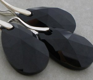 CRYSTALS CRYSTALS SET *JET BLACK PEAR DROP* EARRINGS+PENDANT STERLING SILVER