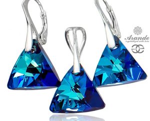 NEW CRYSTALS BEAUTIFUL EARRINGS BLUE TRIO PENDANT STERLING SILVER 925