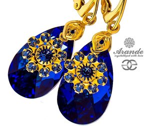 CRYSTALS BEAUTIFUL EARRINGS BLUE FLOW GOLD PLATED STERLING SILVER