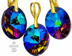 NEW CRYSTALS EARRINGS PENDANT MERIDIAN BLUE GOLD PLATED STERLING SILVER
