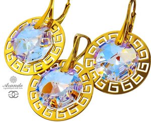CRYSTALS UNIQUE EARRINGS PENDANT *BLUE AURORA GREEK* GOLD PLATED STERLING SILVER