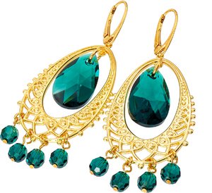 Kryształy Unikat Piękne Kolczyki Emerald Gold Chandelier