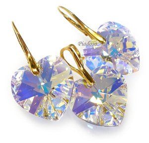 CRYSTALS BEAUTIFUL EARRINGS PENDANT AURORA HEART GOLD PLATED STERLING SILVER