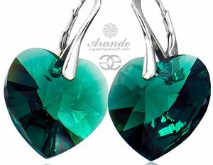 CRYSTALS EARRINGS *EMERALD HEART* STERLING SILVER 925