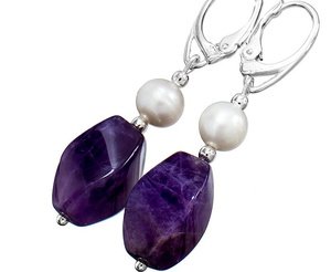 BEAUTIFUL EARRINGS WITH NATURAL AMETHYST AND GENUINE PEARLS STERLING SILVER