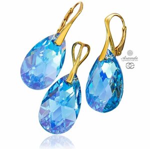 CRYSTALS BEAUTIFUL EARRINGS PENDANT AQUA GOLD PLATED STERLING SILVER