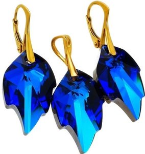 CRYSTALS CRYSTALS EARRINGS+PENDANT BLUE LEAF STERLING SILVER GOLD PLATED