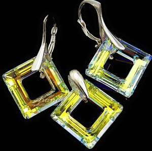 CRYSTALS BEAUTIFUL EARRINGS PENDANT AURORA SQUARE STERLING SILVER 925