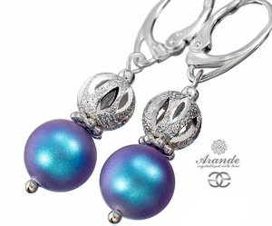 CRYSTALS DECORATIVE EARRINGS PEARL LIGHT BLUE FANTASIA STERLING SILVER 925