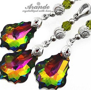 SWAROVSKI piękny komplet VITRAIL OLIVINE SREBRO