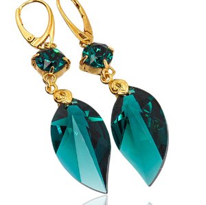 Kryształy ELEGANCKIE KOLCZYKI EMERALD LEAF ZŁOTE SREBRO