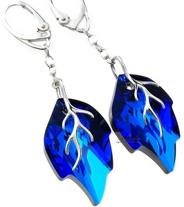Kryształy Ozdobny Długi Komplet Blue Leaf Srebro