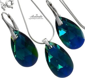 CRYSTALS EARRINGS+PENDANT+CHAIN EMERALD STERLING SILVER CERTIFICATE