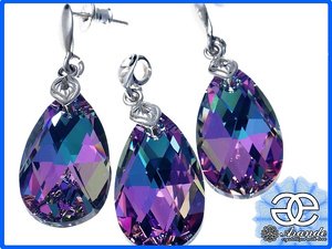 CRYSTALS BEAUTIFUL EARRINGS PENDANT AND CHAIN VITRAIL LIGHT STERLING SILVER 925