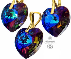 NEW CRYSTALS EARRINGS PENDANT MERIDIAN BLUE HEART GOLD PLATED STERLING SILVER