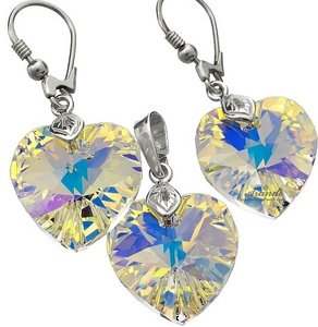 CRYSTALS BEAUTIFUL EARRINGS PENDANT AURORA HEART STERLING SILVER 925