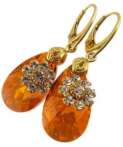CRYSTALS BEAUTIFUL EARRINGS TOPAZ GOLD FLOWER GOLD PLATED STERLING SILVER