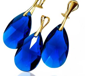 Kryształy Szafirowy Komplet Sapphire Złote Srebro Klipsy+Wisiorek