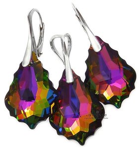 CRYSTALS UNIQUE EARRINGS+PENDANT VITRAIL BAROQUE STERLING SILVER HANDMADE