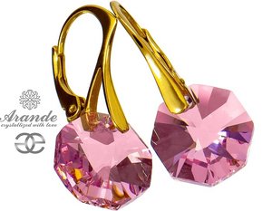 CRYSTALS BEAUTIFUL EARRINGS ROSE OCTAGON GOLD PLATED SILVER