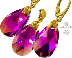 NEW CRYSTALS EARRINGS PENDANT FUCHSIA GOLD PLATED STERLING SILVER