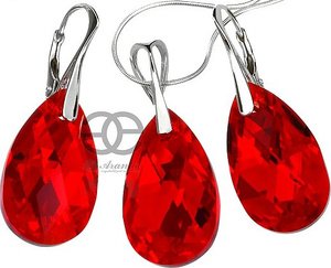 Kryształy piękny czerwony komplet+łańcuszek SREBRO