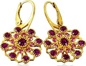 CRYSTALS EARRINGS FUCHSIA FLOW GOLD 24K GOLD PLATED STERLING SILVER