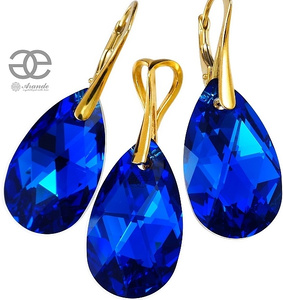 CRYSTALS BEAUTIFUL EARRINGS PENDANT BLUE COMET GOLD PLATED STERLING SILVER