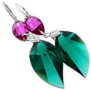 CRYSTALS UNIQUE EARRINGS FUCHSIA EMERALD LEAF STERLING SILVER 925